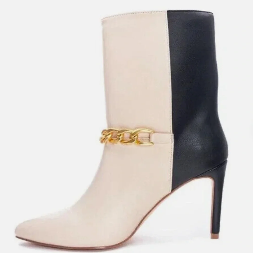Chinese Laundry Elisha Boots Women's 8.5 Ivory Black Stiletto Heel Booties NEW